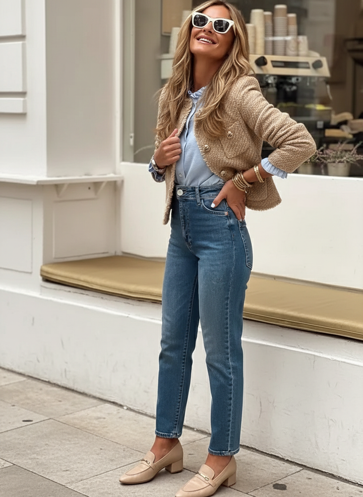 Evelyn: Stylish tweed jacket with gold accents