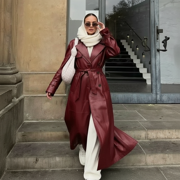 Charlotte: Elegant burgundy lambskin trench coat