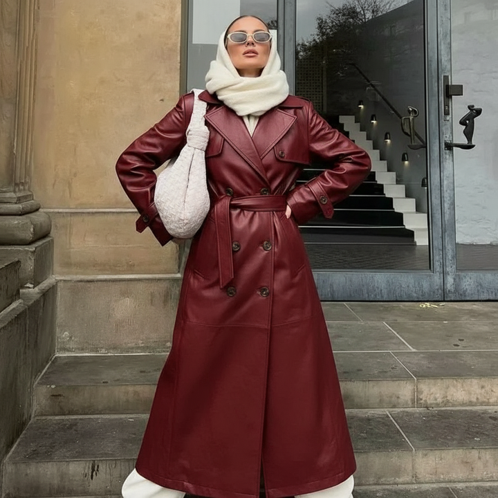 Charlotte: Elegant burgundy lambskin trench coat