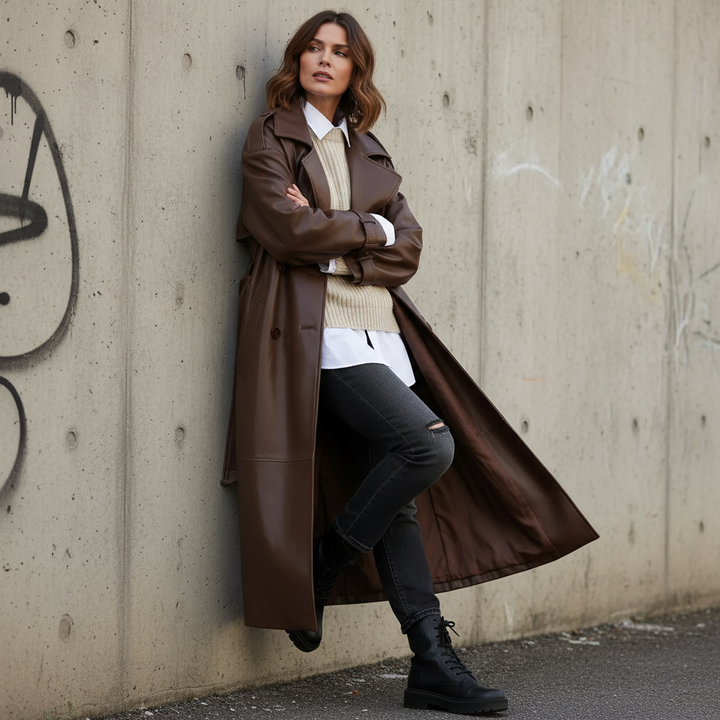 Charlotte: Elegant burgundy lambskin trench coat