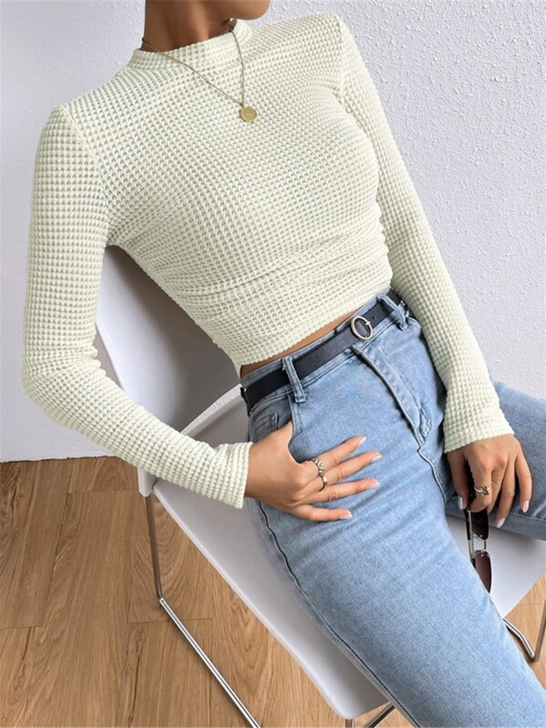 Anna | Women's Fitted Waffle Knit Long Sleeve Top in Sage